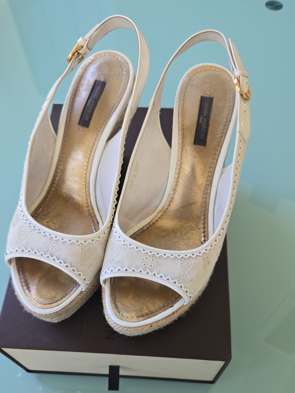 Louis Vuitton Cream Lace Slingback Espadrille Wedges with Gold Insole